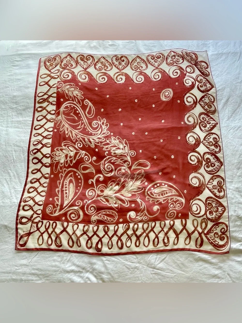Geri Brown Rust and Cream Paisley almost Square Scarf- translucent